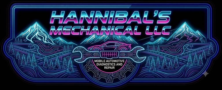 Neon sign for Hannibals Mechanical LLC featuring mountain peaks, wrench logo, and mobile automotive repair text